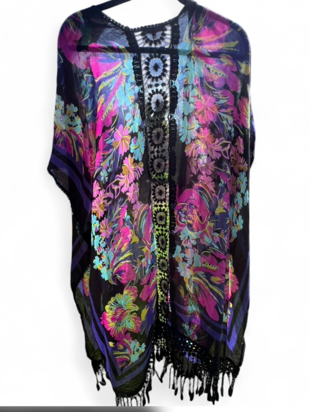 Woven Heart Gorgeous Black Floral Fringe Kimono with Pink & Teal Flowers - Picture 2 of 10